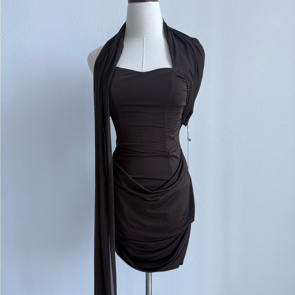 Meshki One-Shoulder Mini Dress in Dark Brown - Picture 5 of 6